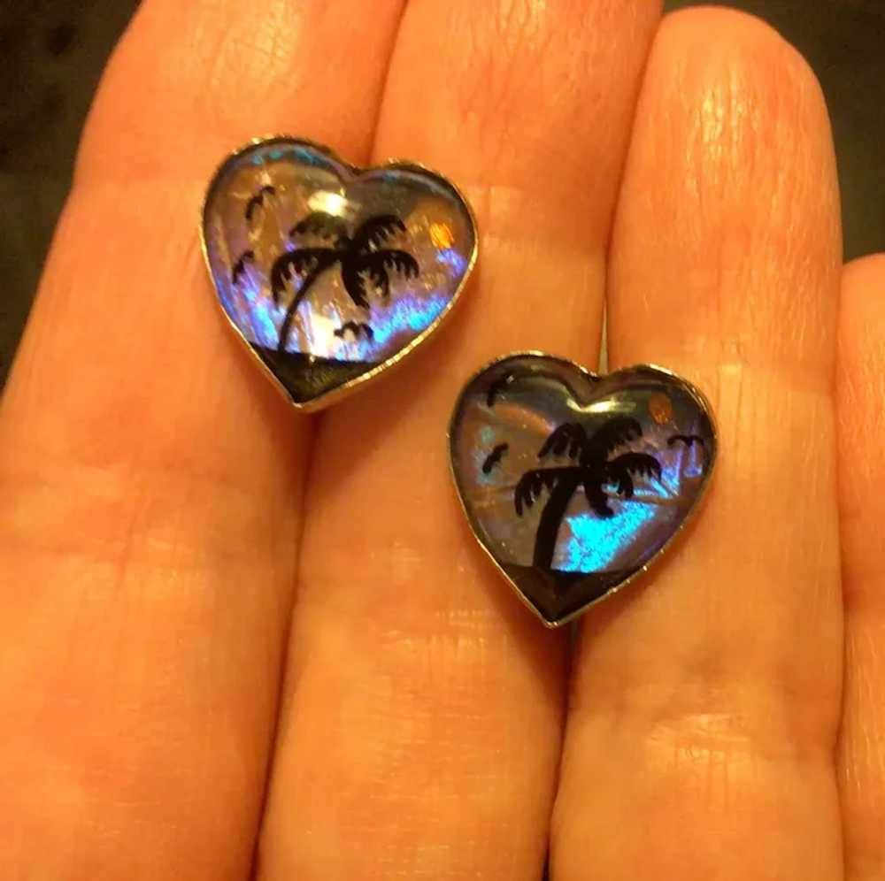 Vintage Butterfly Wing Heart Earrings with Tropic… - image 5