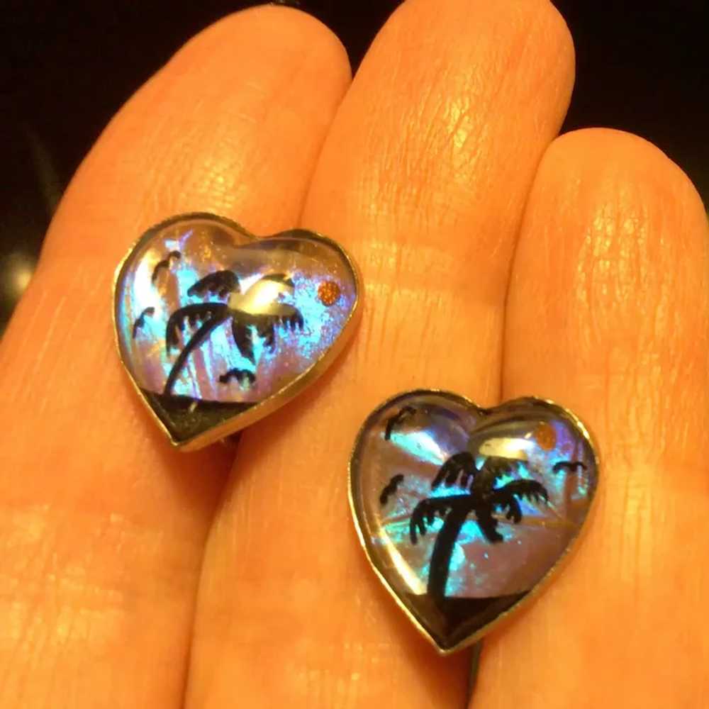 Vintage Butterfly Wing Heart Earrings with Tropic… - image 6