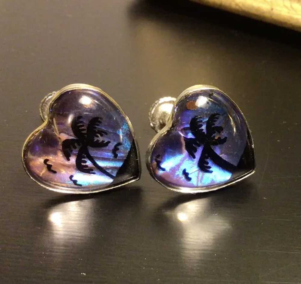 Vintage Butterfly Wing Heart Earrings with Tropic… - image 7