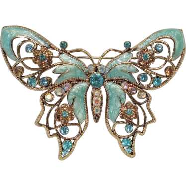Avon blue enamel rhinestone butterfly pin in orig… - image 1