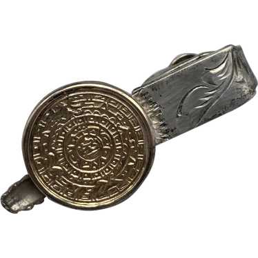 Vintage Sterling and 10K Aztec Calendar Tie Clip - image 1