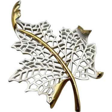 Signed TRIFARI Vintage Leaf Brooch Gold Tone Whit… - image 1