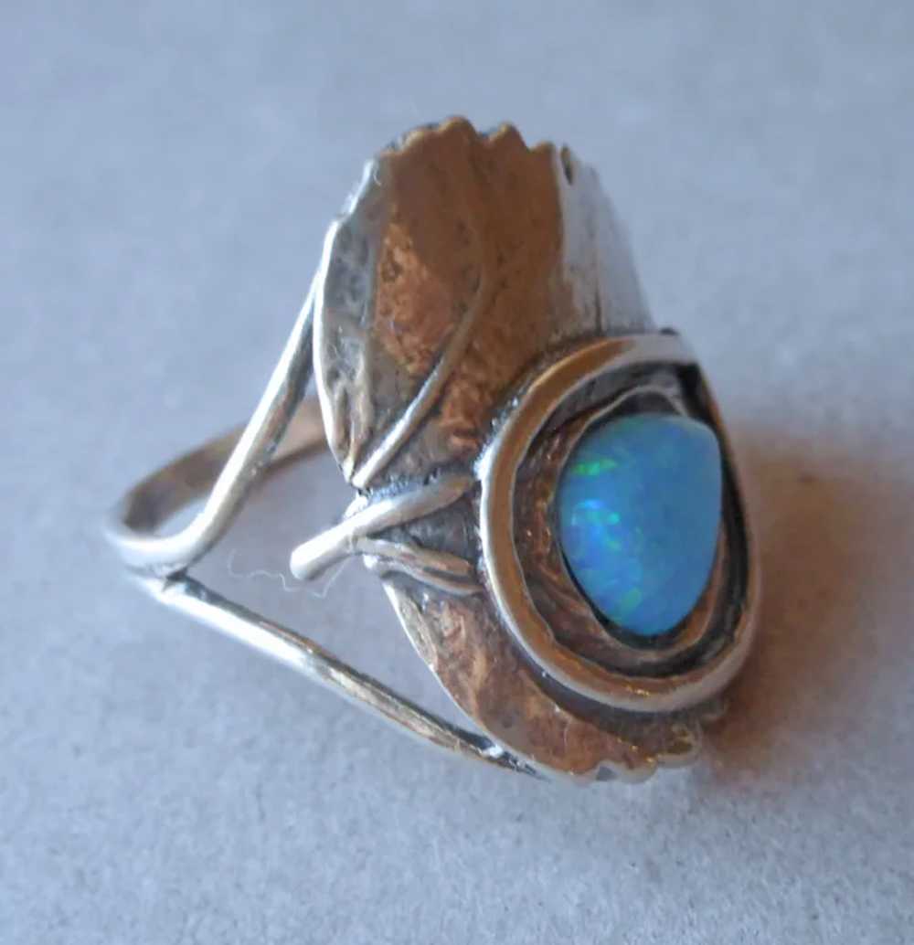 Israel Sterling Silver Lab Opal Ring Leaf Form Si… - image 2