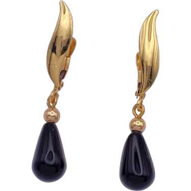 Vintage Dangle Onyx Earrings 14K Gold Lever Back - image 1