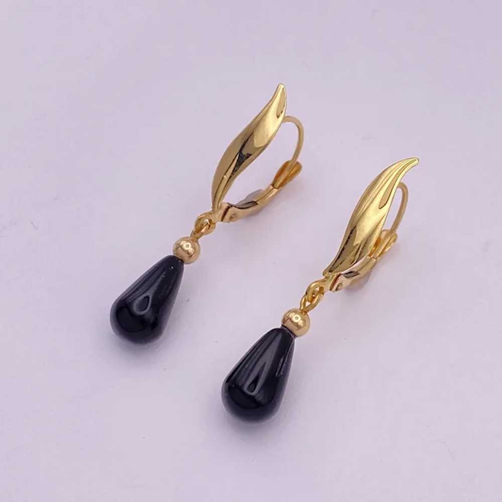 Vintage Dangle Onyx Earrings 14K Gold Lever Back - image 2