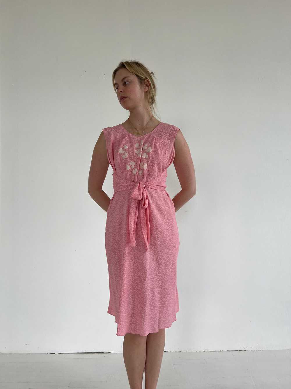 1930's Pink Silk Dress with Floral Print - image 1