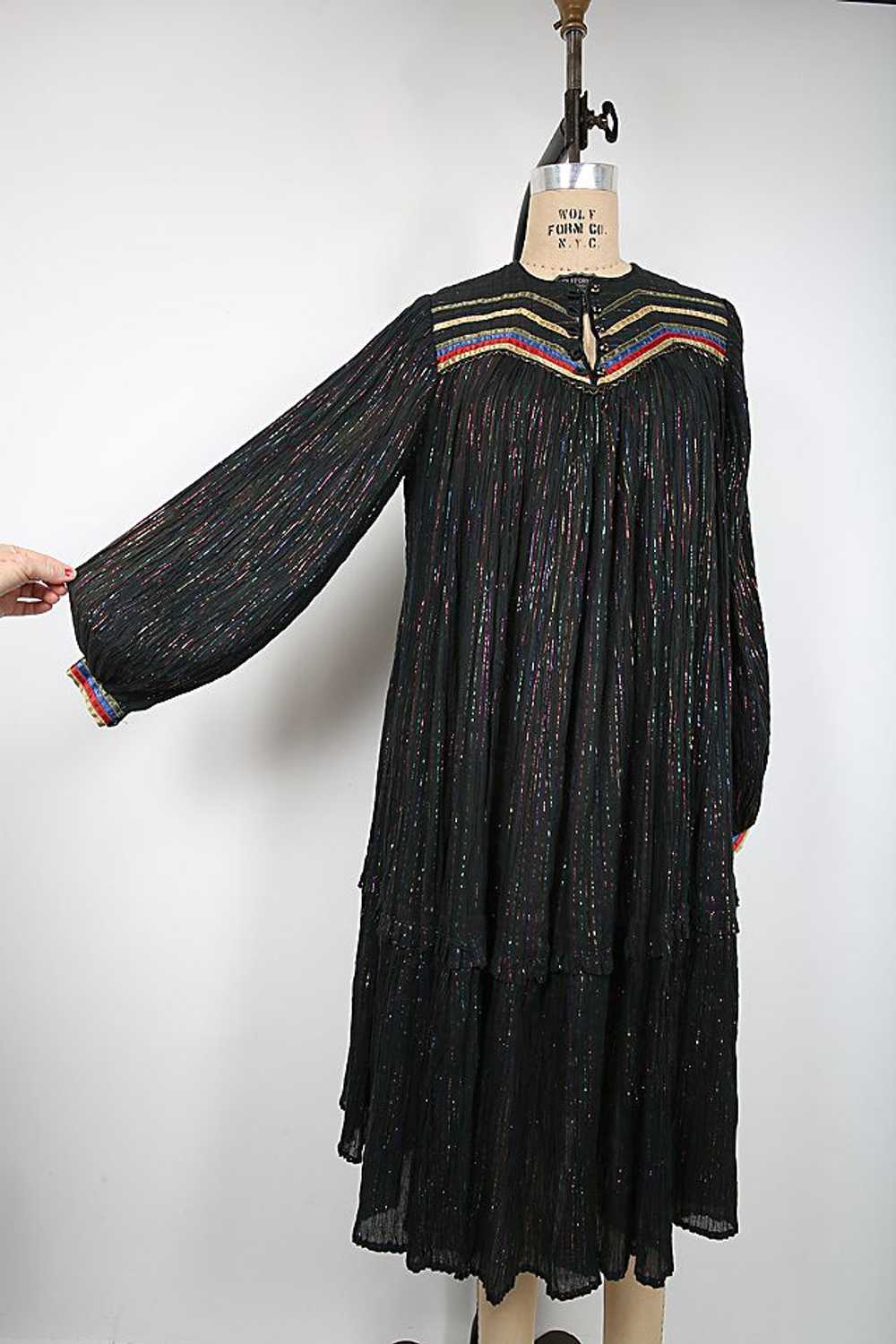 70s Vintage Phool Boho Black Midi Dress with Rain… - image 1