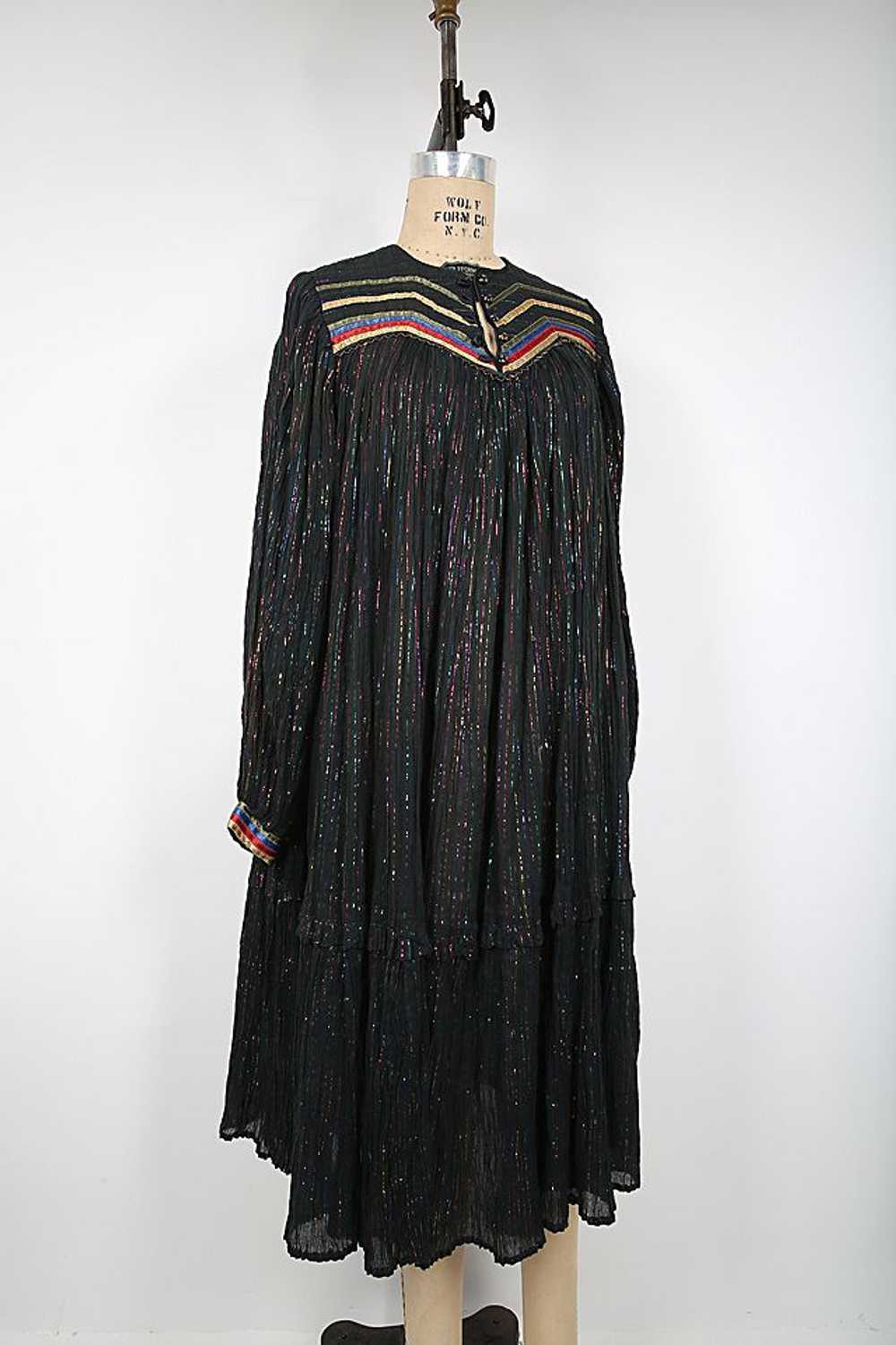 70s Vintage Phool Boho Black Midi Dress with Rain… - image 2