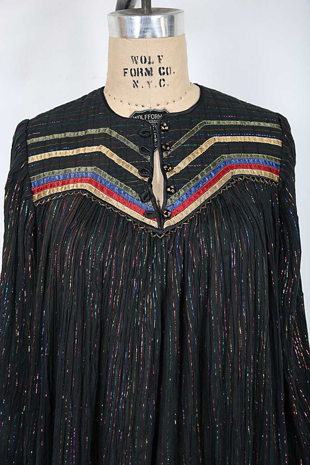 70s Vintage Phool Boho Black Midi Dress with Rain… - image 3