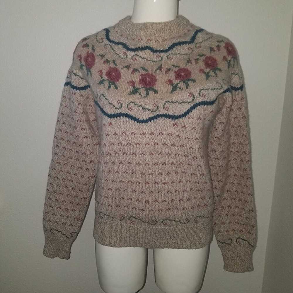 VTG Eddie Bauer Wool Sweater Tan Rose Floral Cott… - image 1