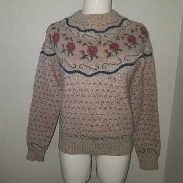 VTG Eddie Bauer Wool Sweater Tan Rose Floral Cott… - image 1