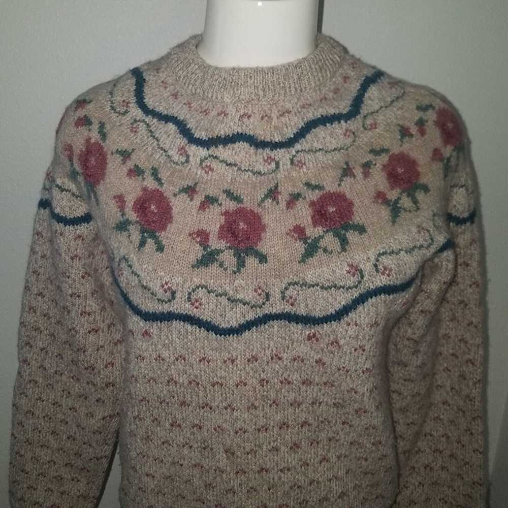 VTG Eddie Bauer Wool Sweater Tan Rose Floral Cott… - image 2