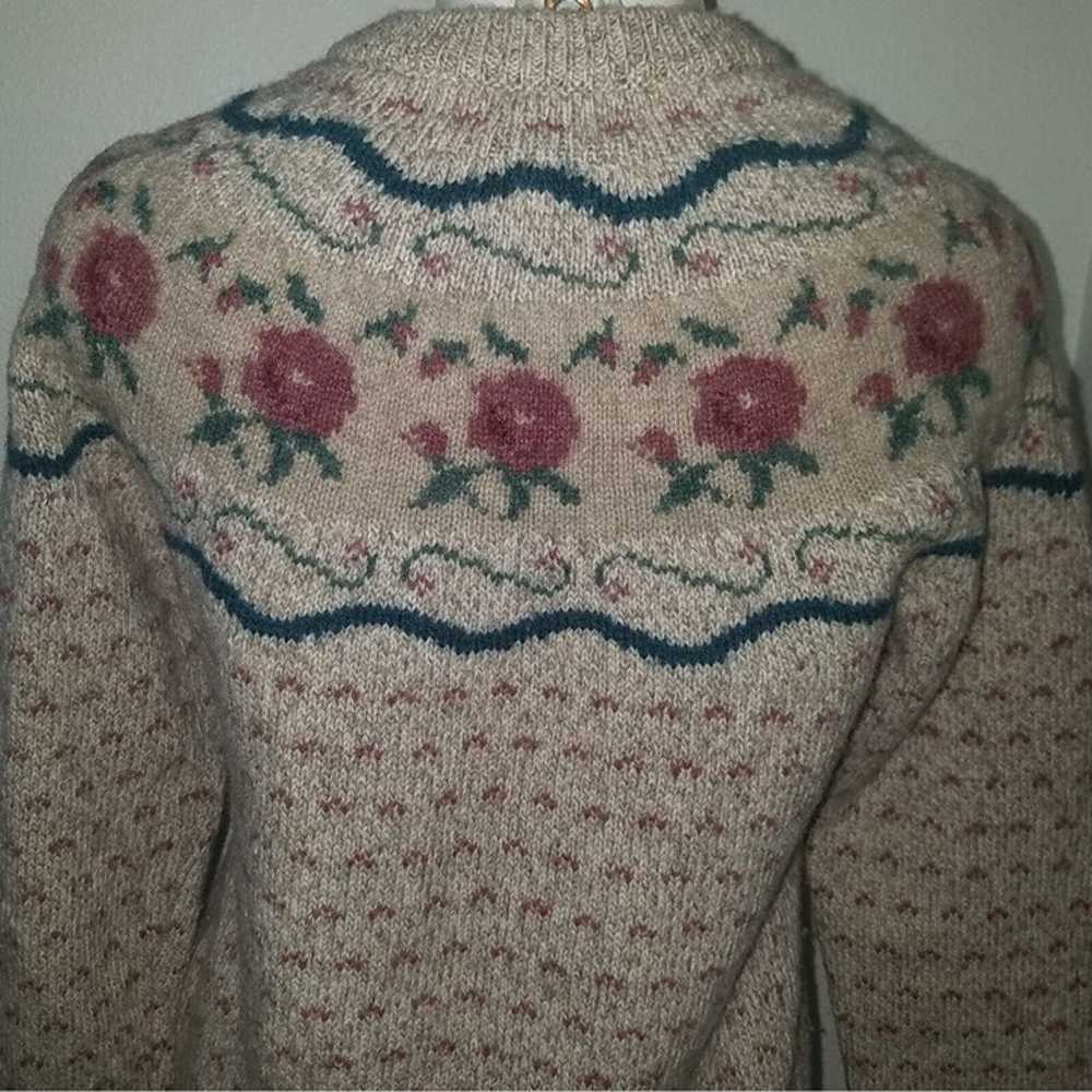 VTG Eddie Bauer Wool Sweater Tan Rose Floral Cott… - image 6