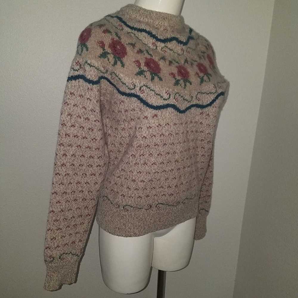 VTG Eddie Bauer Wool Sweater Tan Rose Floral Cott… - image 7