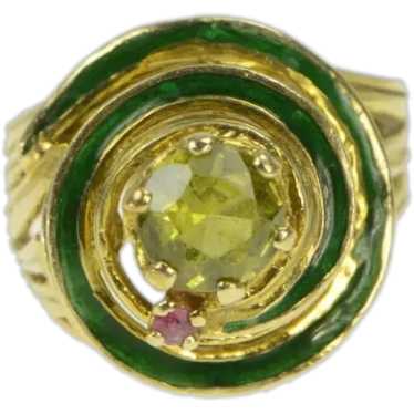 14K Peridot Ruby Enamel Swirl Domed Cocktail Ring 