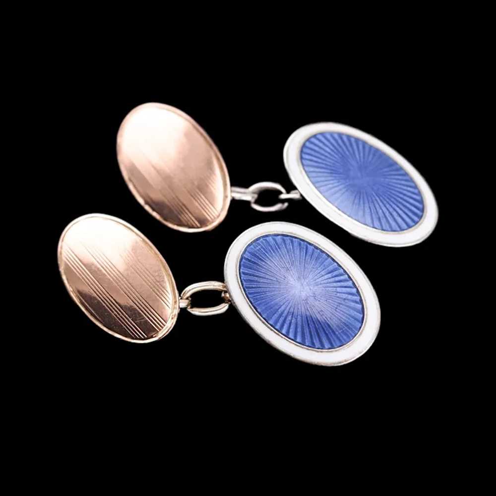 Antique Gold Cufflinks with Blue Guilloche Enamel… - image 3