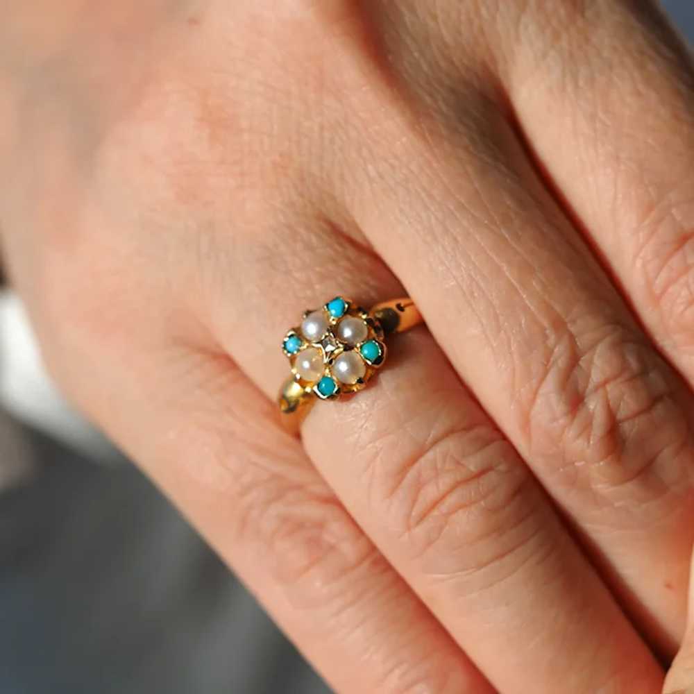 Antique Turquoise, Diamond & Pearl Ring 15K Gold … - image 10