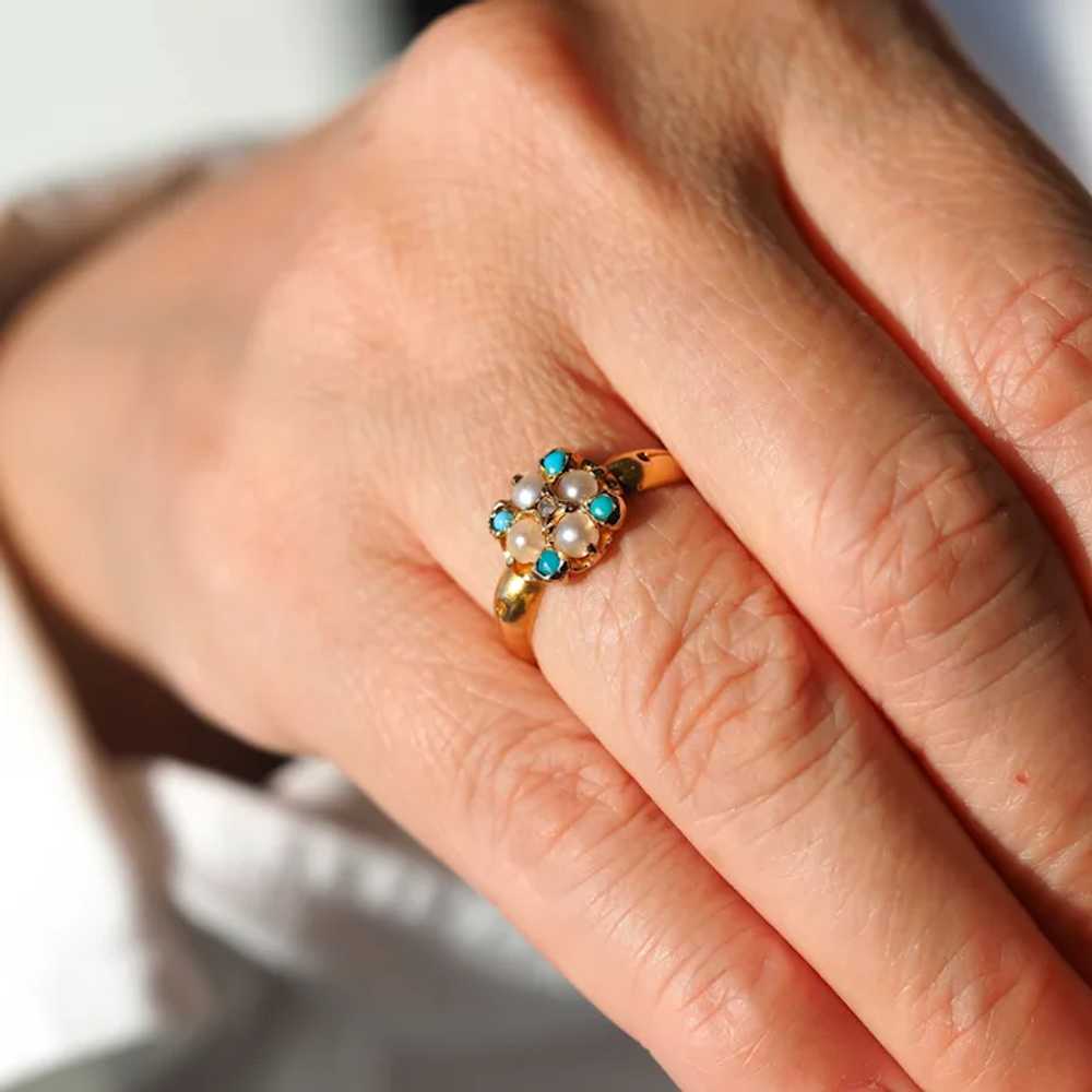 Antique Turquoise, Diamond & Pearl Ring 15K Gold … - image 11