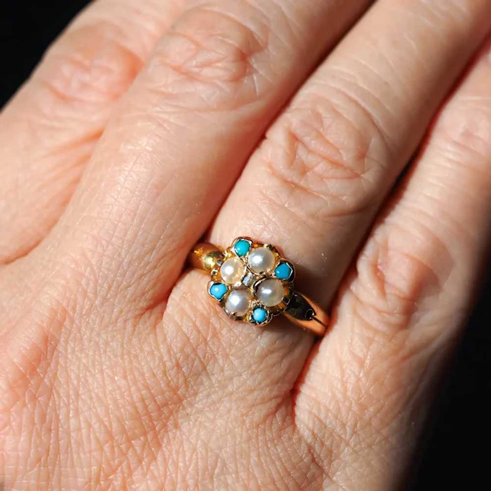 Antique Turquoise, Diamond & Pearl Ring 15K Gold … - image 12