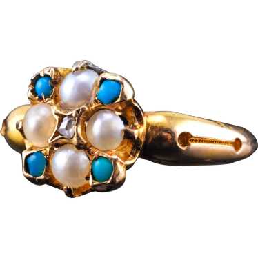 Antique Turquoise, Diamond & Pearl Ring 15K Gold … - image 1