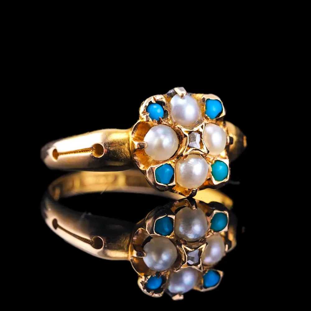 Antique Turquoise, Diamond & Pearl Ring 15K Gold … - image 2