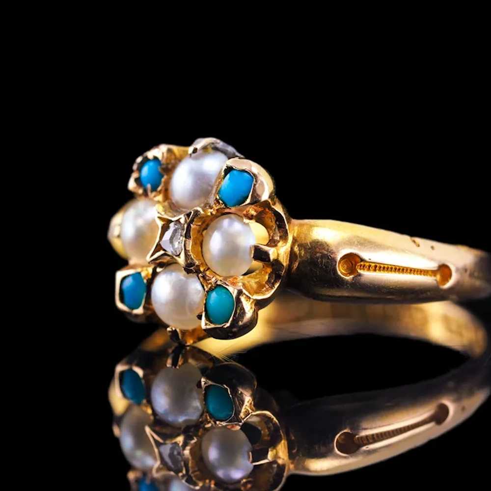 Antique Turquoise, Diamond & Pearl Ring 15K Gold … - image 3