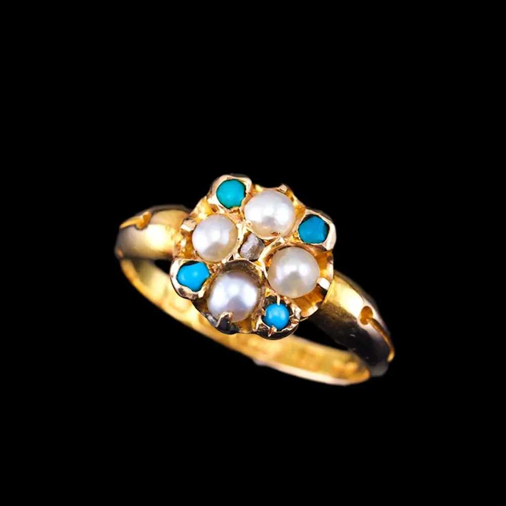 Antique Turquoise, Diamond & Pearl Ring 15K Gold … - image 4