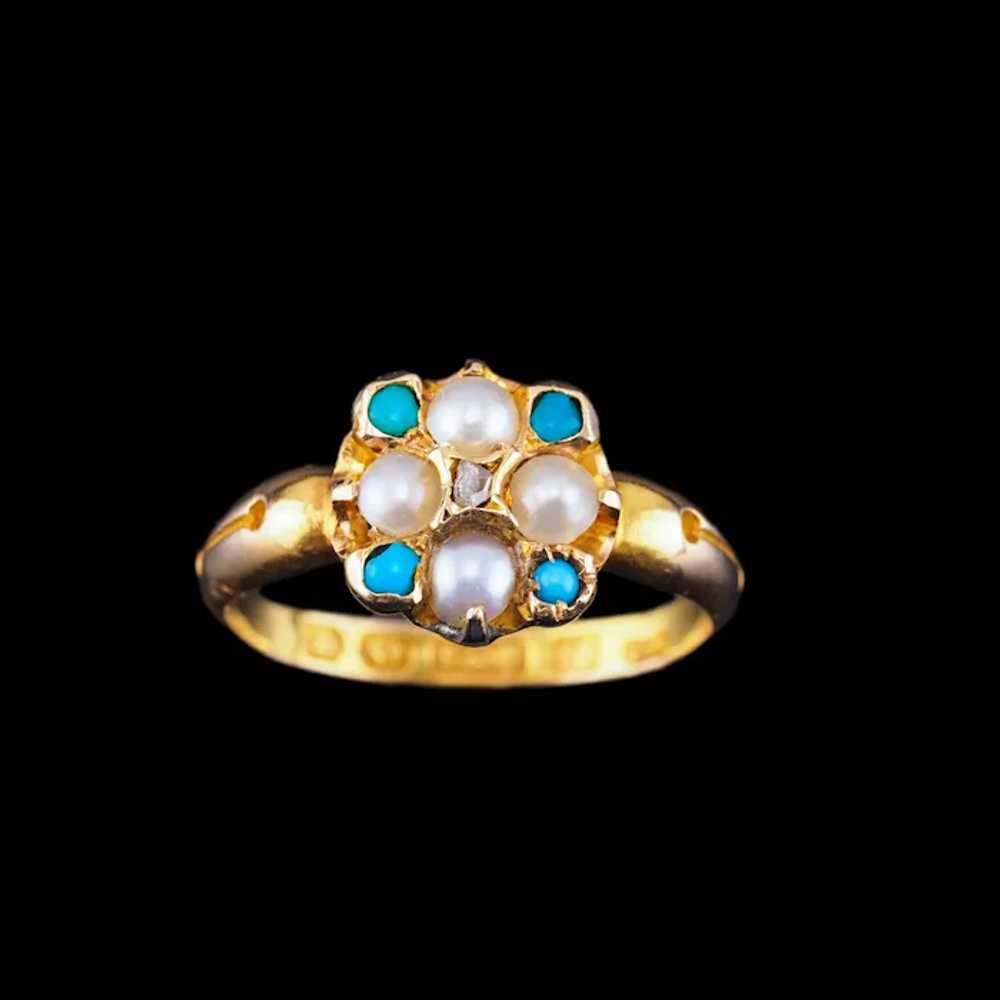 Antique Turquoise, Diamond & Pearl Ring 15K Gold … - image 5