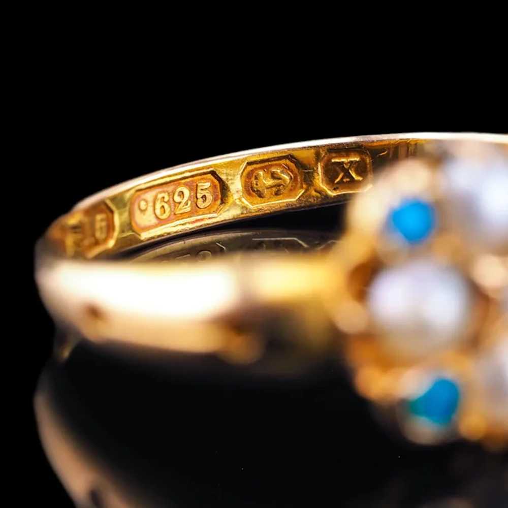 Antique Turquoise, Diamond & Pearl Ring 15K Gold … - image 6