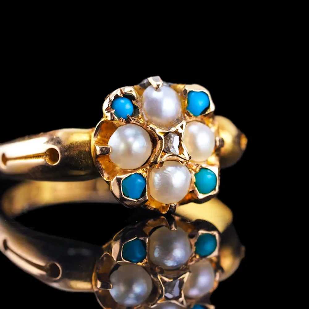 Antique Turquoise, Diamond & Pearl Ring 15K Gold … - image 7