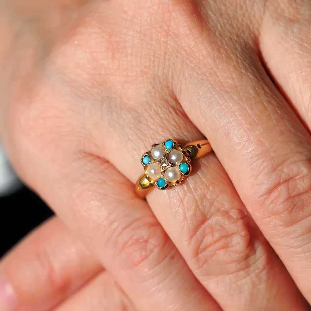 Antique Turquoise, Diamond & Pearl Ring 15K Gold … - image 9