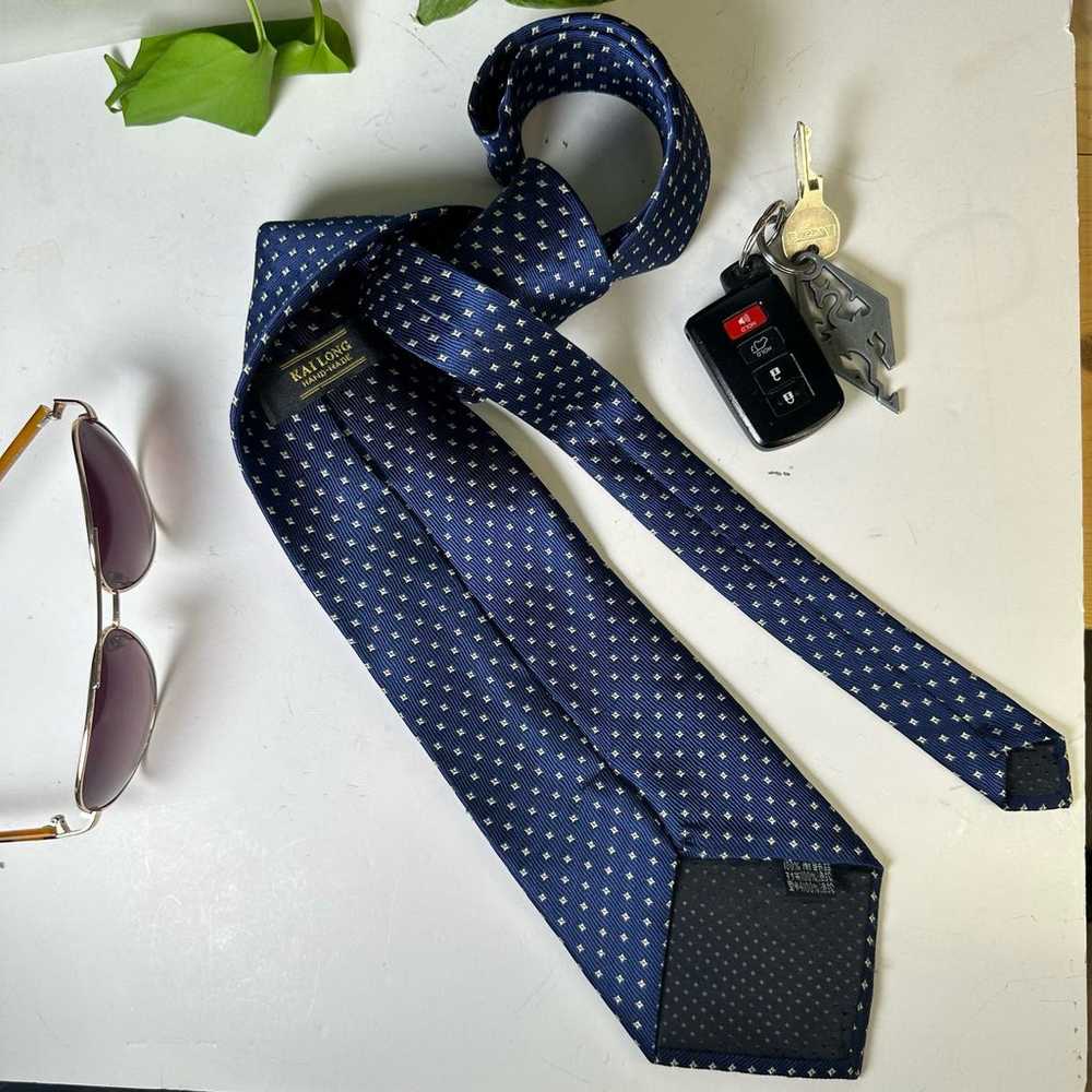 Vintage Kai Long 100% Silk Tie Blue/White Diamond… - image 7