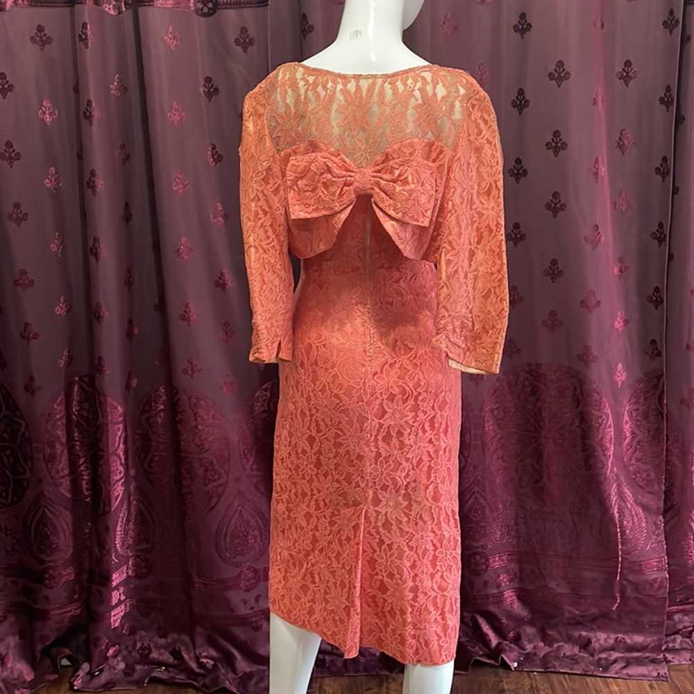 Hand Sewn Vintage Coral Lace Dress Size X-Small - image 6