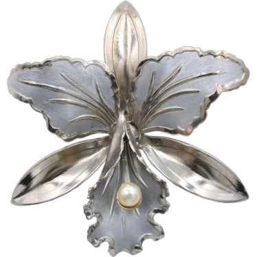 Brooch Pin Orchid Flower Silver Tone Figural
