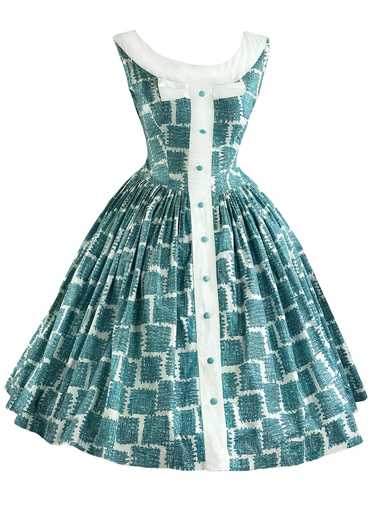 Vintage 1950s Blue Trellis Novelty Print Dress - … - image 1