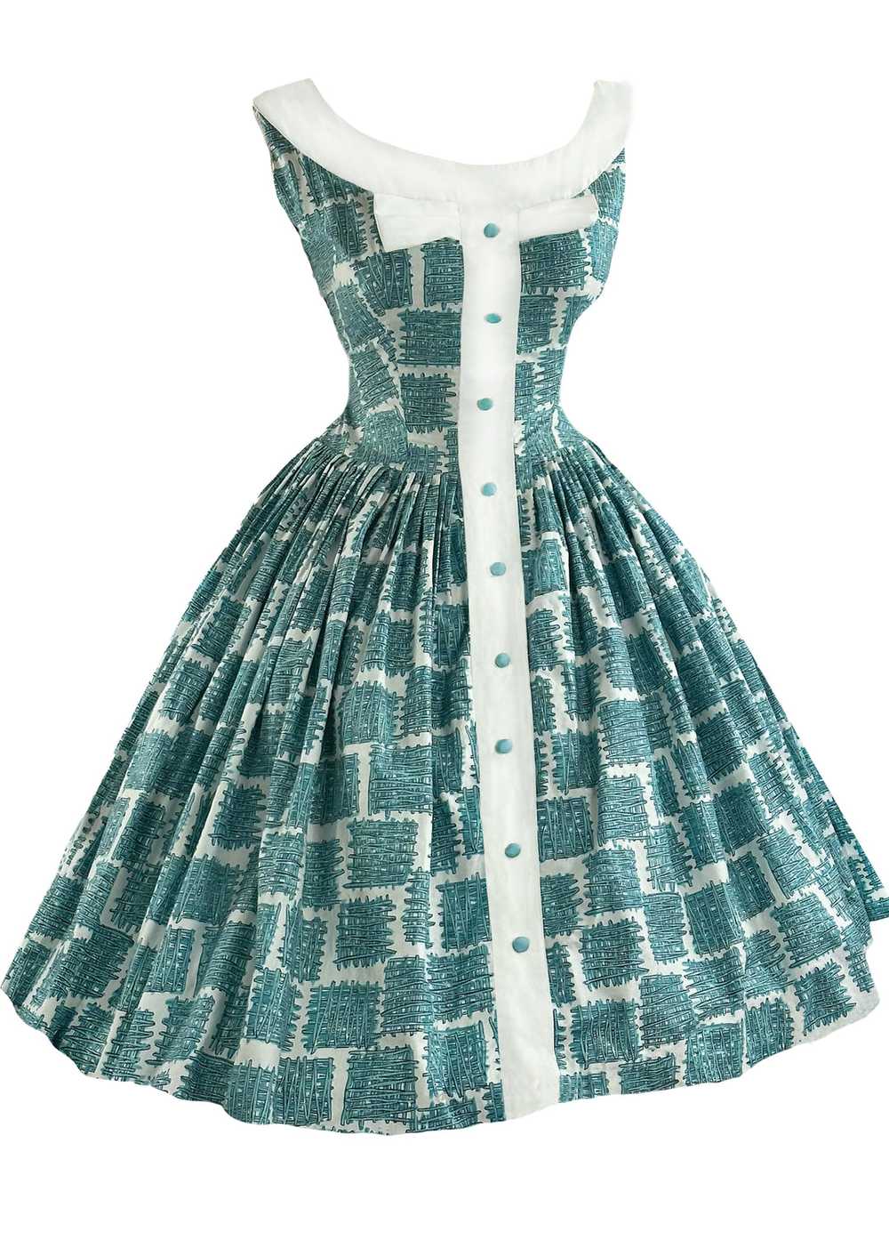 Vintage 1950s Blue Trellis Novelty Print Dress - … - image 2