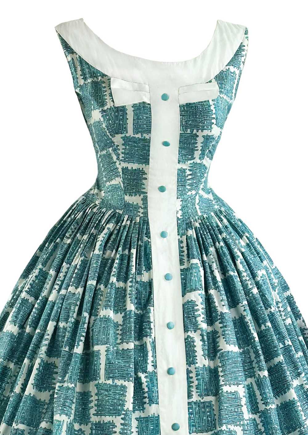 Vintage 1950s Blue Trellis Novelty Print Dress - … - image 4