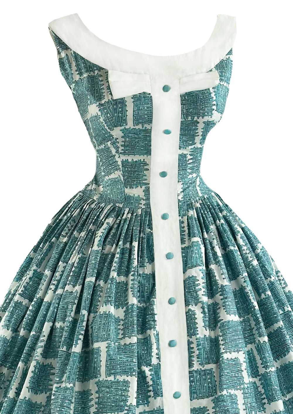 Vintage 1950s Blue Trellis Novelty Print Dress - … - image 5