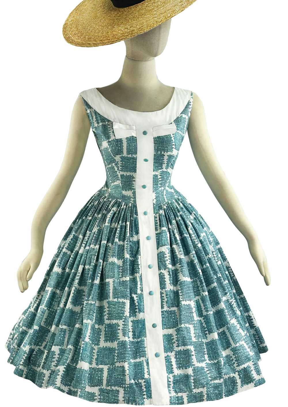 Vintage 1950s Blue Trellis Novelty Print Dress - … - image 8