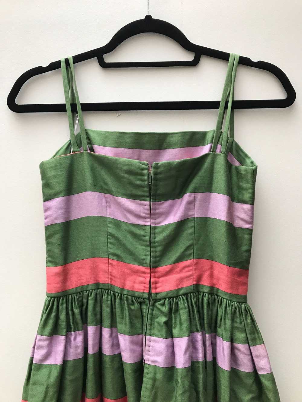 Green seamstress dress with pink stripes - Green … - image 2