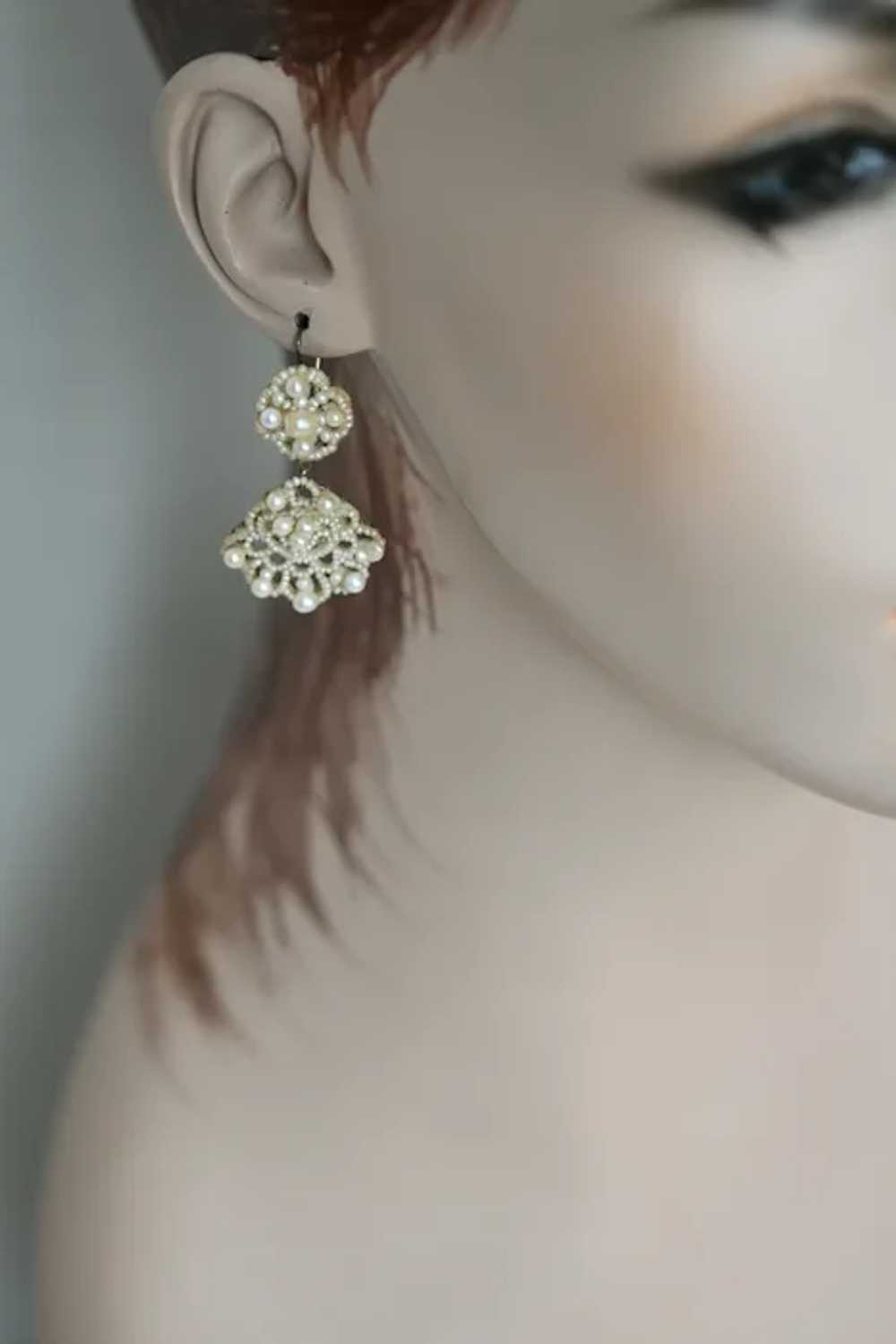 Antique early Victorian Seed Pearl Chandelier Ear… - image 3