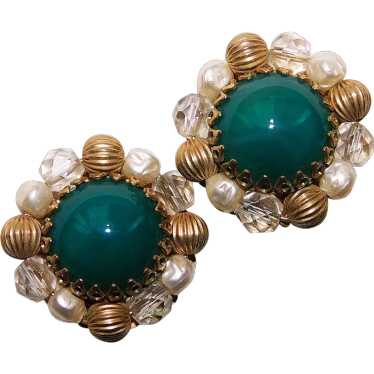 Gorgeous GREEN GLASS & Crystal Vintage Clip Earrin