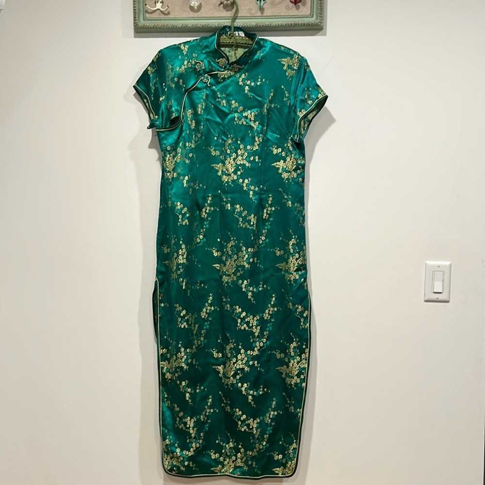 Vintage traditional Chinese Qipao dress emerald g… - image 2