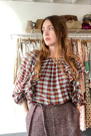 V. De. Vinster Plaid Silk Ruffle Top