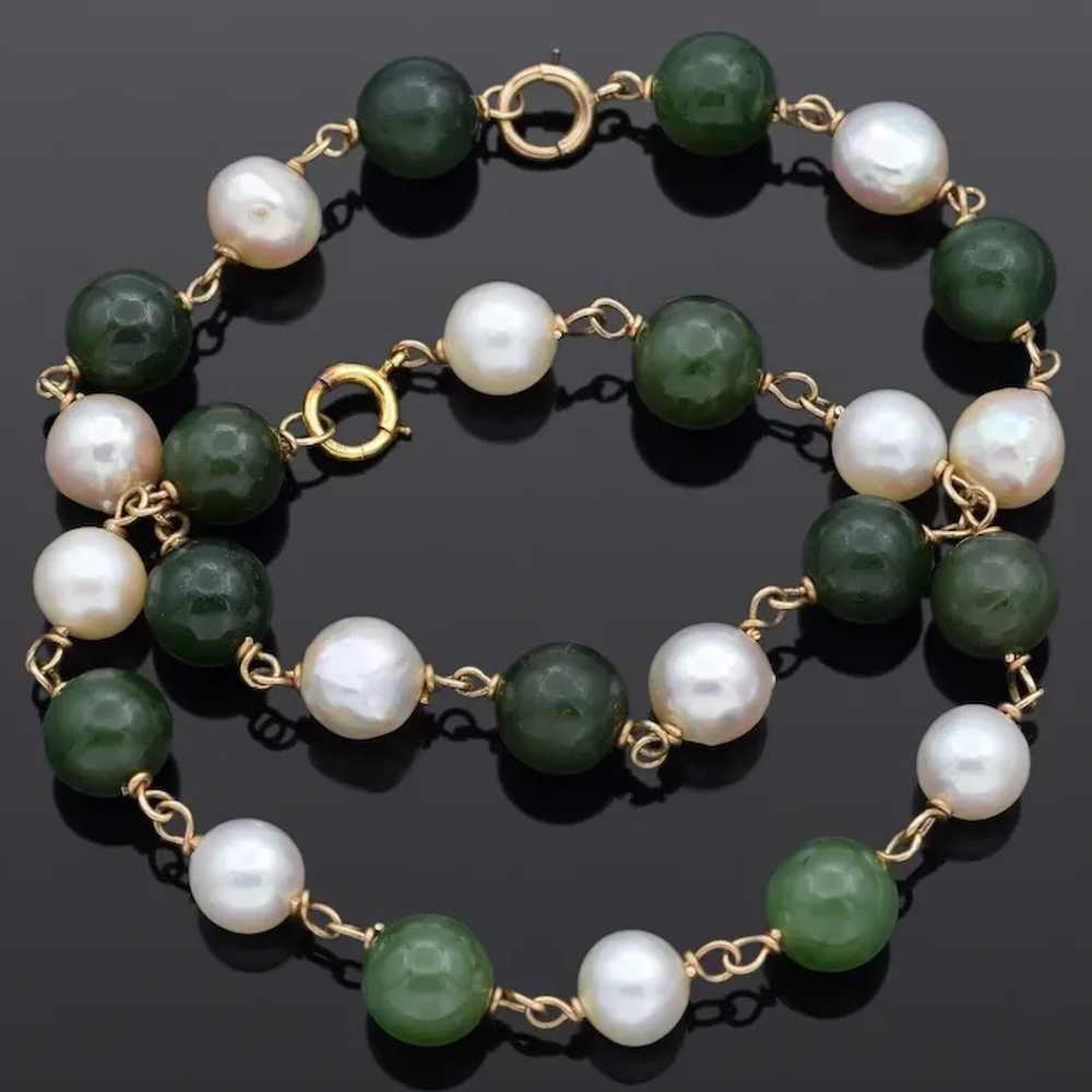 Lot of 2 Vintage Green Jade & Pearl 14K Yellow Go… - image 2