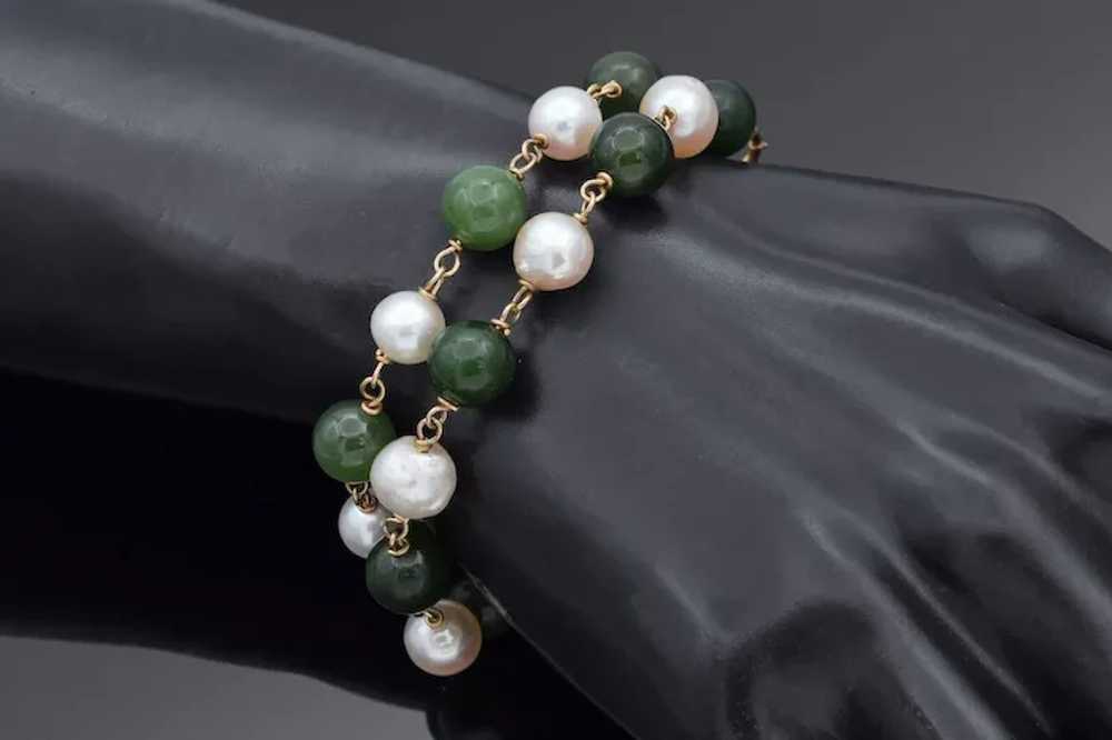 Lot of 2 Vintage Green Jade & Pearl 14K Yellow Go… - image 4