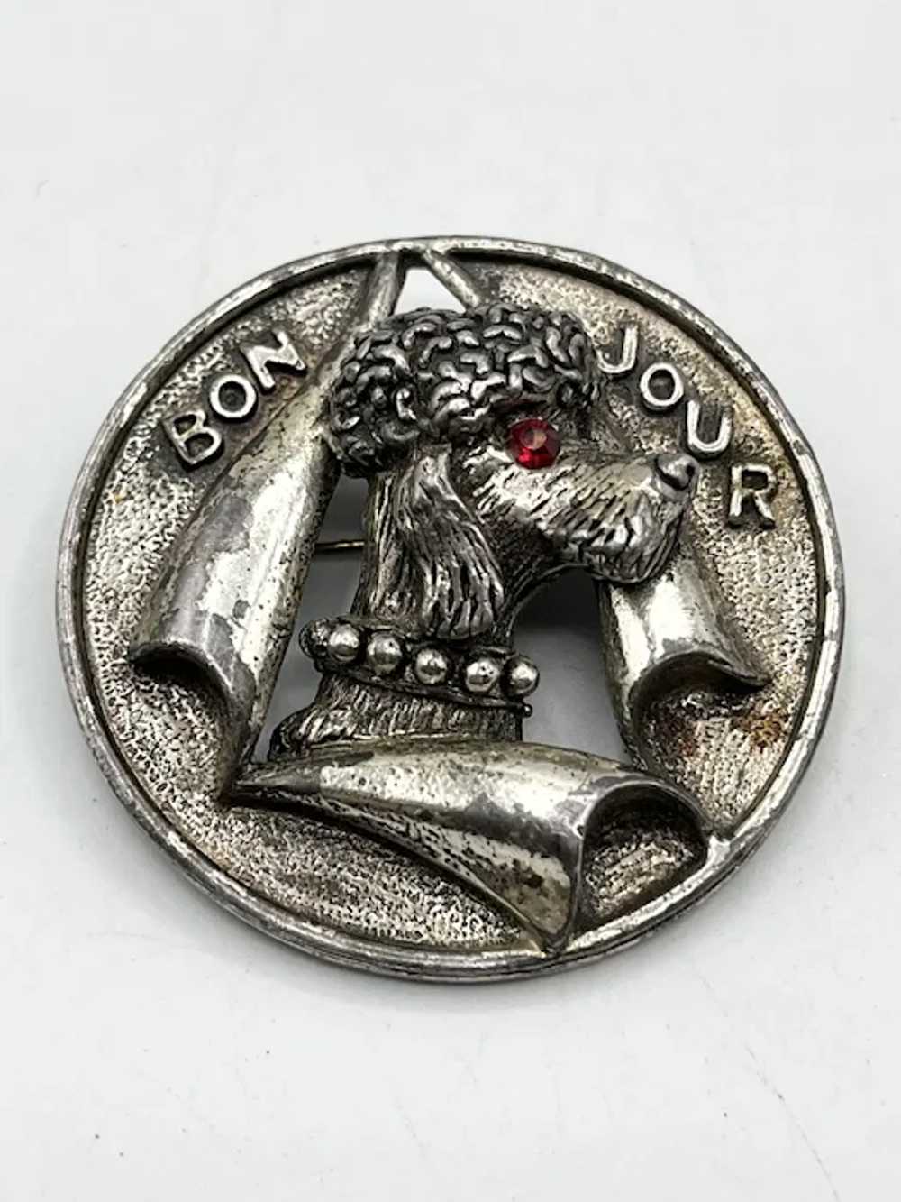 Vintage Bon Jour Poodle Dog Rhinestone Brooch Pin - image 2