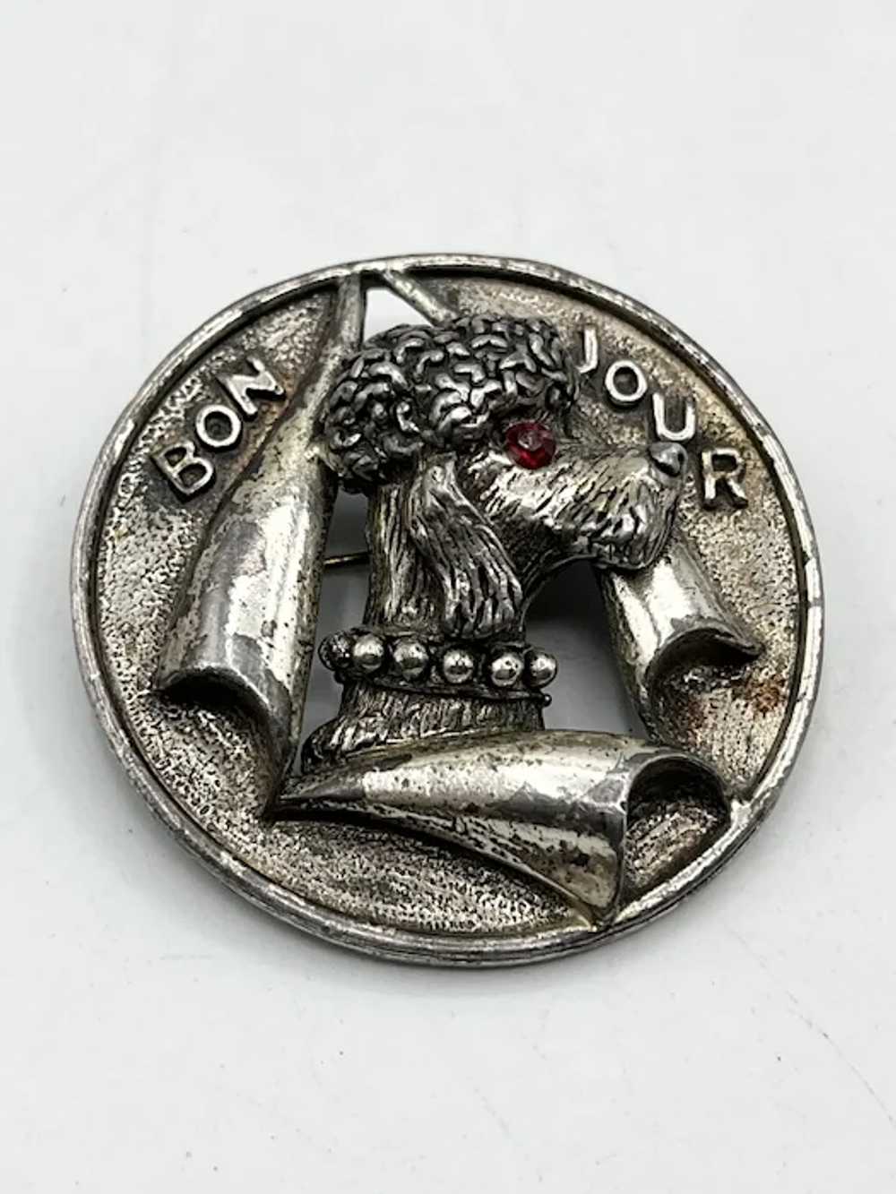 Vintage Bon Jour Poodle Dog Rhinestone Brooch Pin - image 3