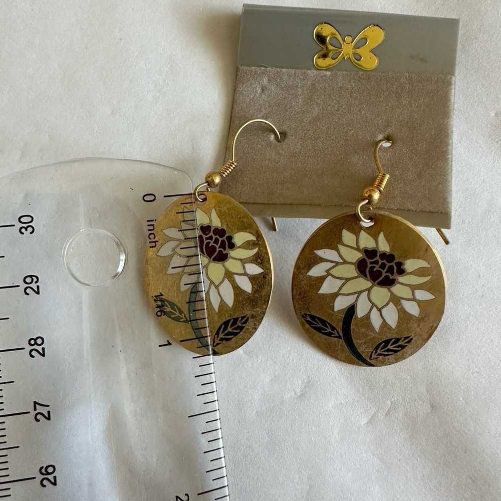 Vintage cloisonné Sunflower earrings - image 2