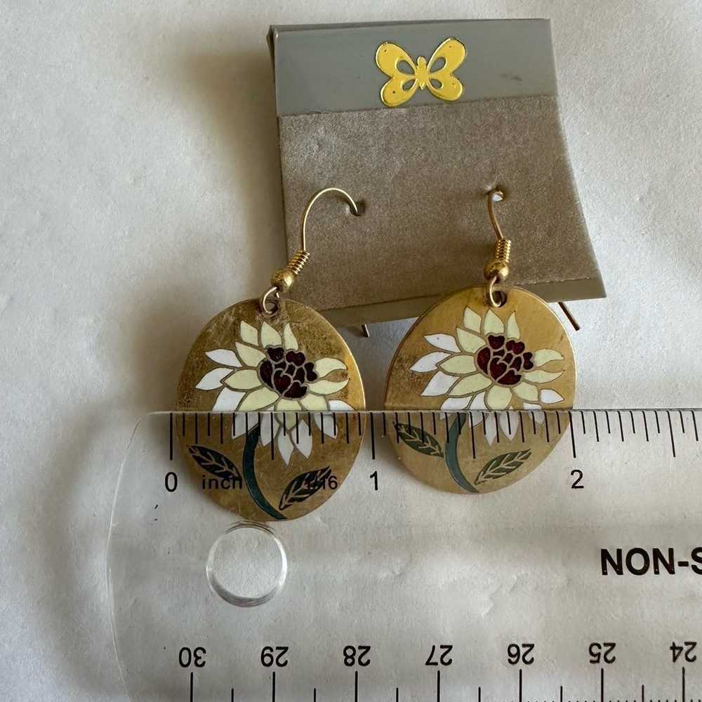Vintage cloisonné Sunflower earrings - image 3